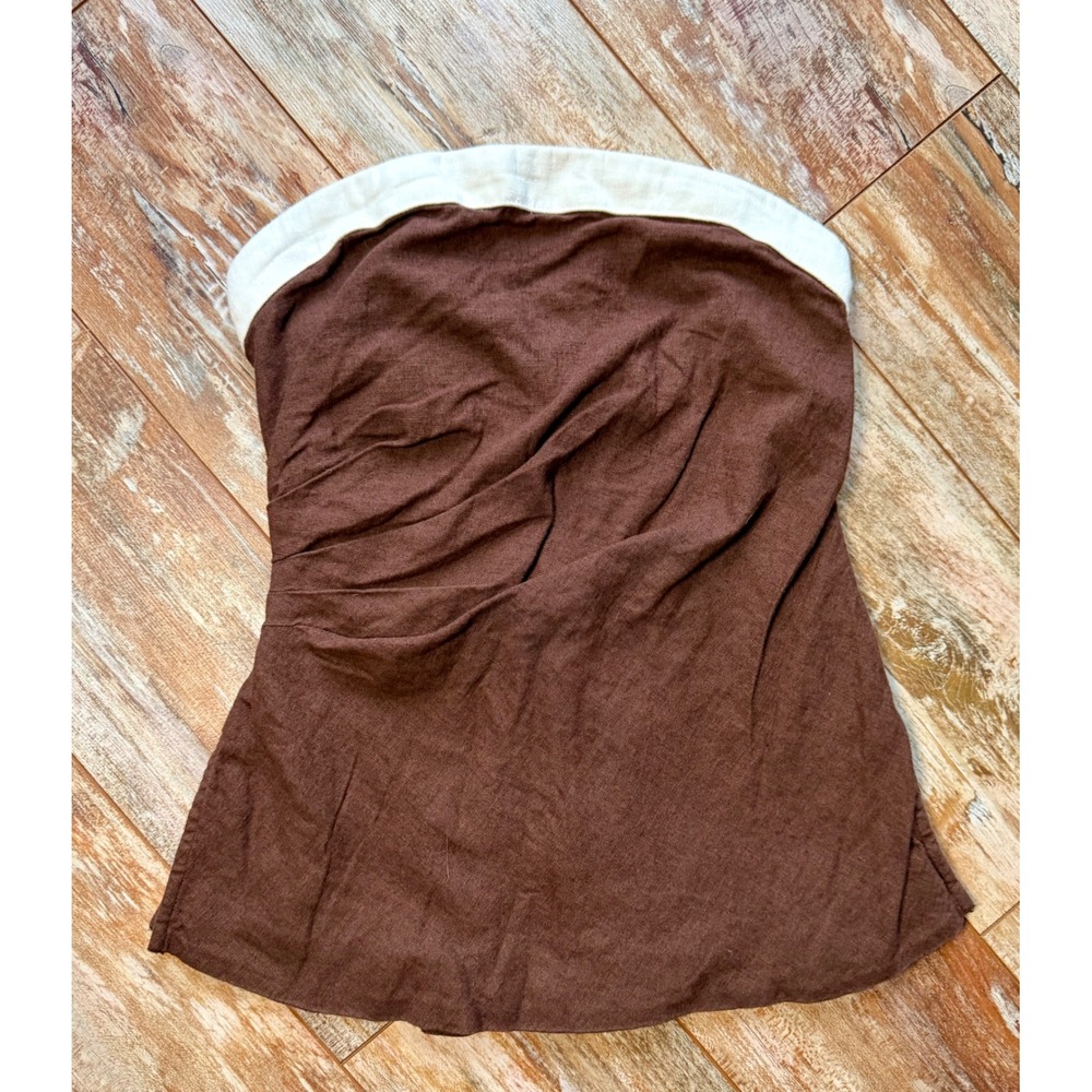 Abercrombie & Fitch Brown Linen Blend Strapless Smocked Ruched Tube Top Sm Y2K
